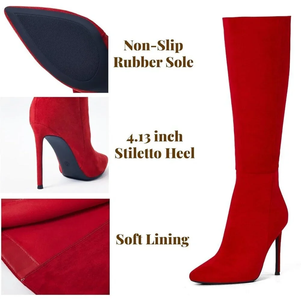 Women's Red Leather Suede Knee High Stiletto Tall Pointed Toe Stylish Boot